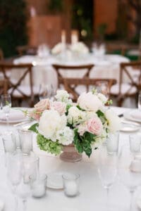 wedding floral centerpieces with hues of light pink, cream, and green
